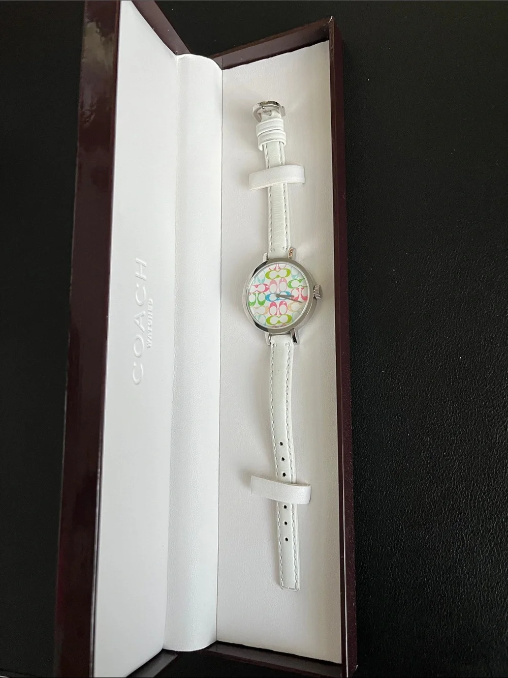 Coach White Leather Strap Watch with Multicolor Logo Dial